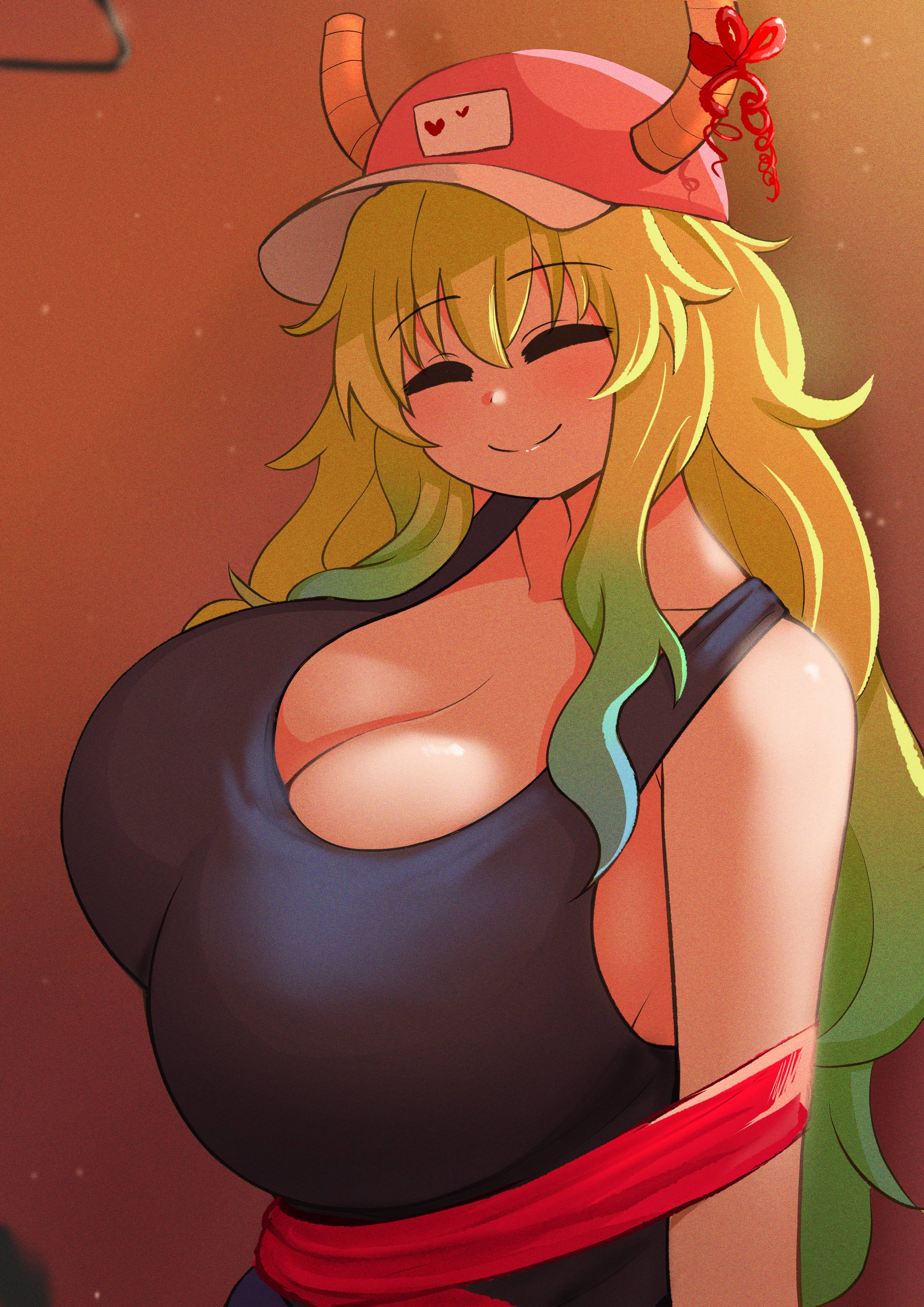 1girls, baseball cap, big breasts, blonde hair, breast focus, breasts, cleavage, closed eyes, female, female only, hat, headwear, horns, huge breasts, large breasts, long hair, massive breasts, mature, mature female, miss kobayashi's dragon maid, quetzalcoatl (dragon maid), ribbon, smile, solo, solo female, tank top, the only shoe, topwear, two-tone hair, wraps
