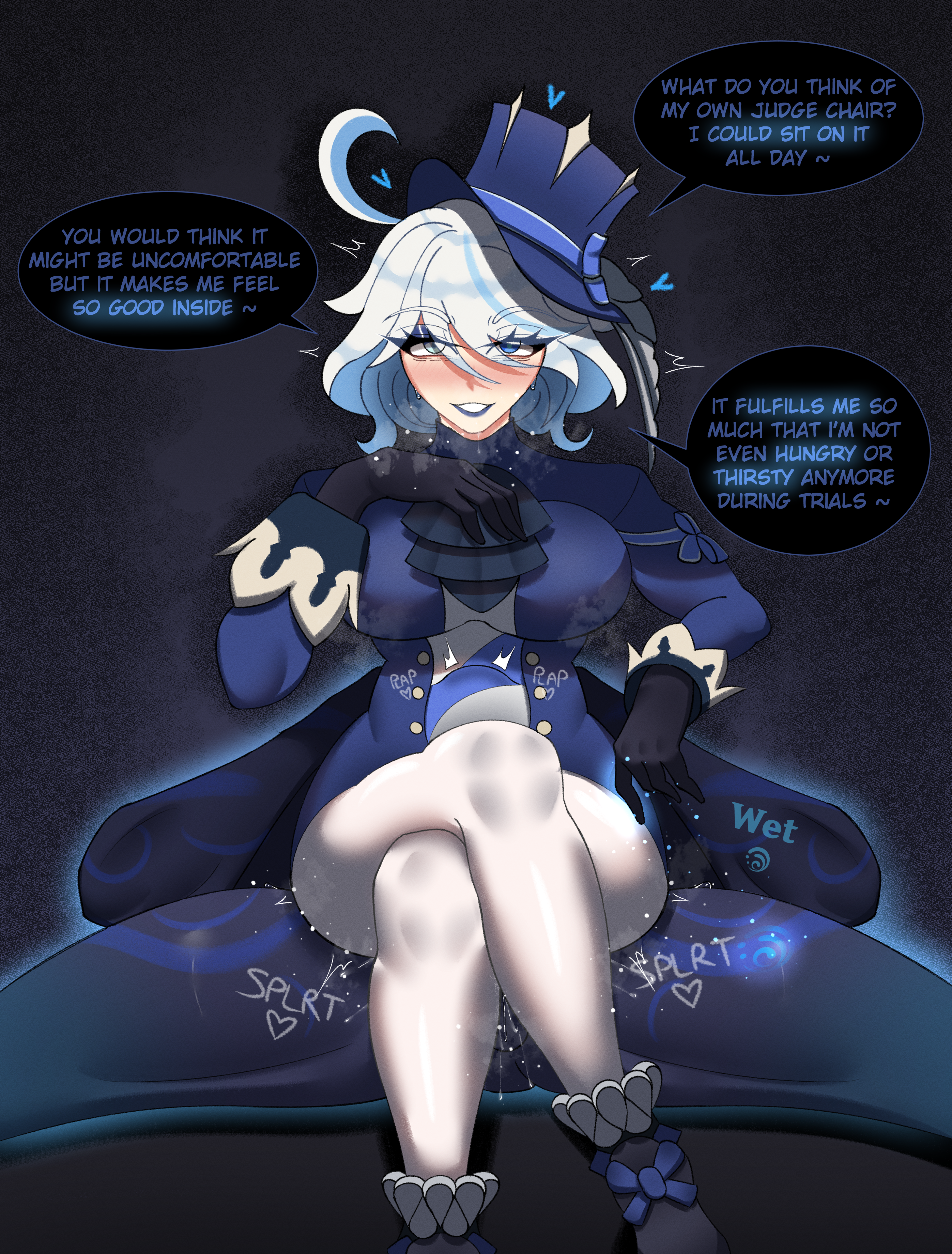 ass, big ass, big breasts, big butt, blue eyes, blue hair, blush, breasts, bulge, bulge through clothing, clothing, cum, cum in ass, cum inside, dark-skinned male, female, furina (genshin impact), genshin impact, gloves, hat, hilichurls (species), hydro hilichurl rogue, interspecies, itzaysel, looking at viewer, monster, sitting, sitting on person, smile, squirting, thick thighs, white hair