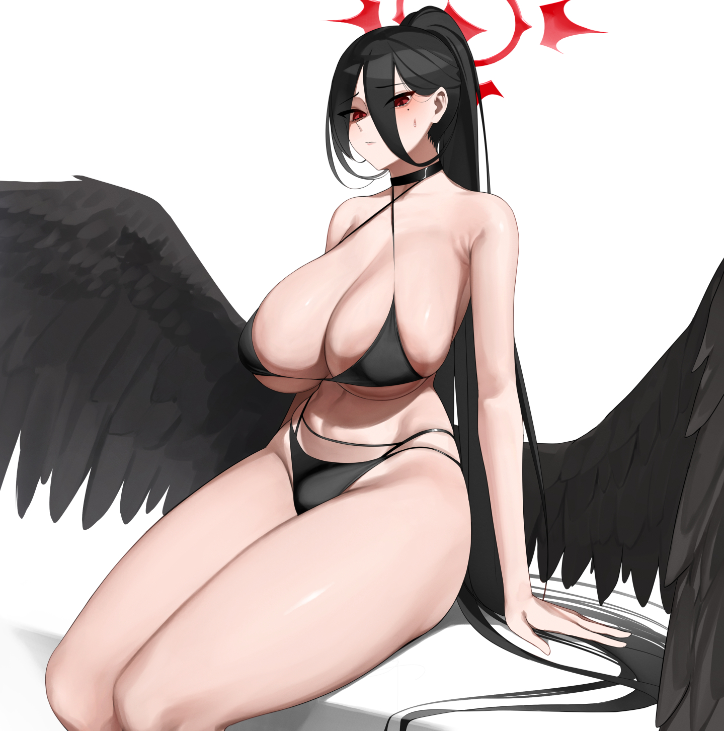 1girls, 2023, areola, areola slip, beauty mark, belly, bikini, bikini bottom, bikini top, black bikini, black bikini bottom, black bikini top, black hair, black wings, blue archive, breasts, choker, covered nipples, eyes visible through hair, female, hair over eyes, hands behind back, hasumi (blue archive), justice task force (blue archive), large breasts, long hair, mole, mole under eye, navel, nipple bulge, red eyes, senju (snz0), side view, sideboob, sidelocks, sitting, small bikini, thick thighs, thighs, trinity general school student, very long hair, wings
