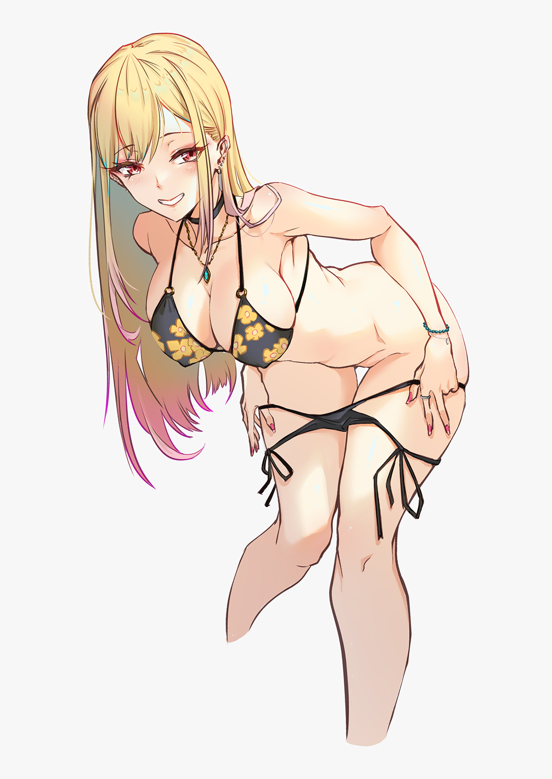 1girls, 2022, alternate version available, armpits, bikini, bikini pull, black bikini, black collar, blonde hair, bracelet, breasts, breath, clothes pull, collar, cropped legs, earrings, female, female only, floral print, gradient hair, grin, halterneck, heart, highres, jewelry, kitagawa marin, large breasts, leaning forward, long hair, looking at viewer, multi-strapped bikini, multicolored hair, navel, necklace, o-ring, o-ring bikini, o-ring top, piercing, pink nails, print bikini, red eyes, red hair, ring, side-tie bikini bottom, simple background, smile, solo, sono bisque doll wa koi wo suru, standing, string bikini, sunday se7en, swept bangs, swimsuit, undressing, white background