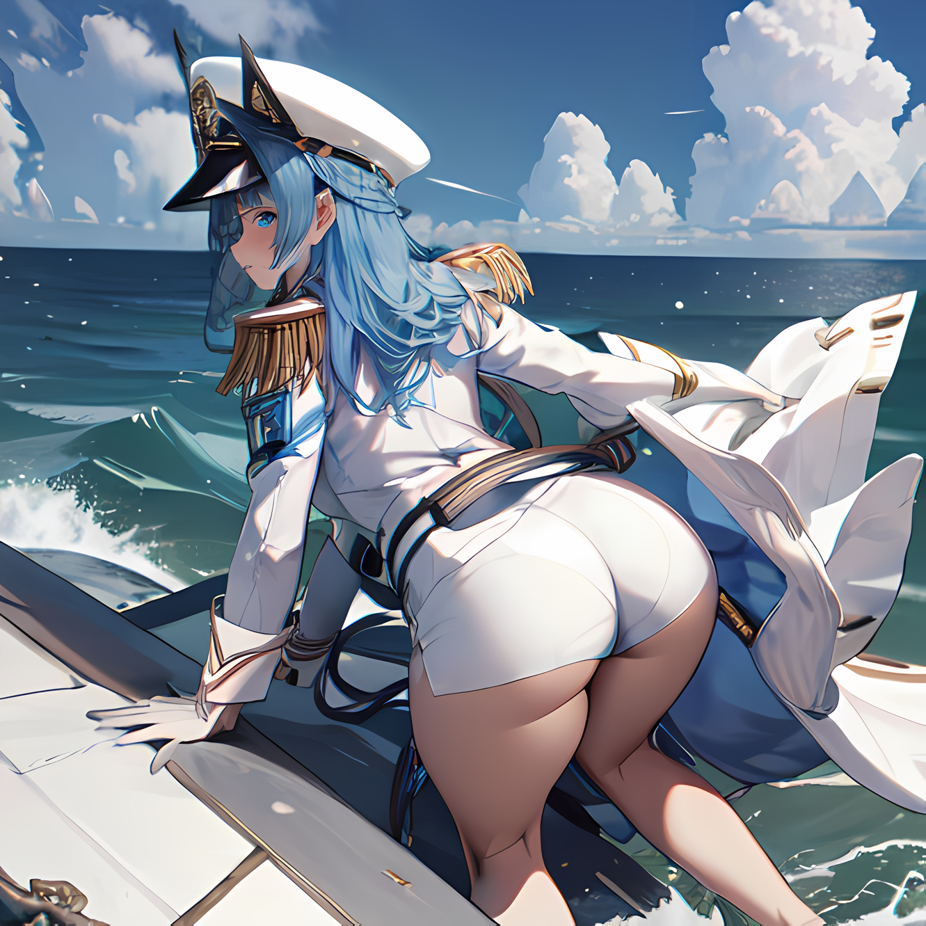 ai generated, ass, ass focus, big ass, big butt, blue eyes, blue hair, blush, breasts, coat, female, from behind, gloves, goddess of victory: nikke, hat, helm (nikke), high heels, huge ass, large breasts, long hair, looking at viewer, military, military uniform, nandemo aina, shiny, shiny hair, short shorts, shorts, sideboob, solo, uniform, water