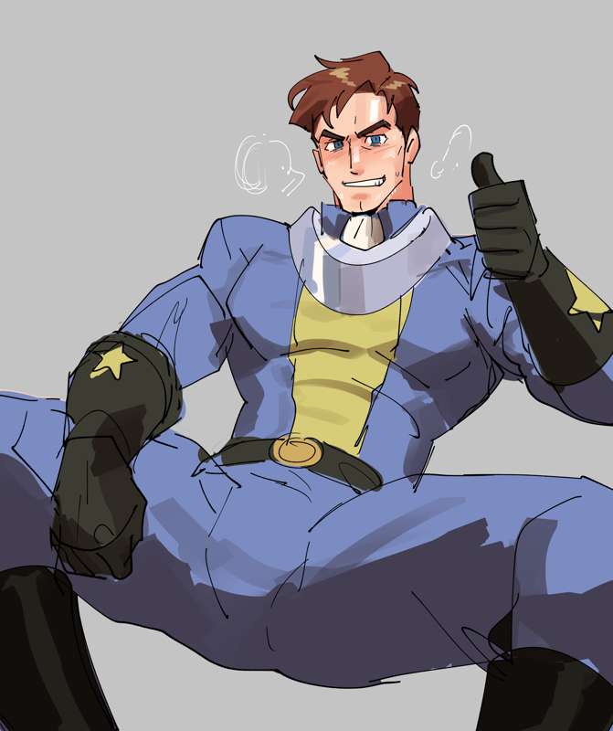 bara blush bulge captain_gordon disgaea disgaea_1 male male_only muscles muscular musk nioseptem nippon_ichi_software solo solo_male spread_legs suit sweat sweating thumbs_up