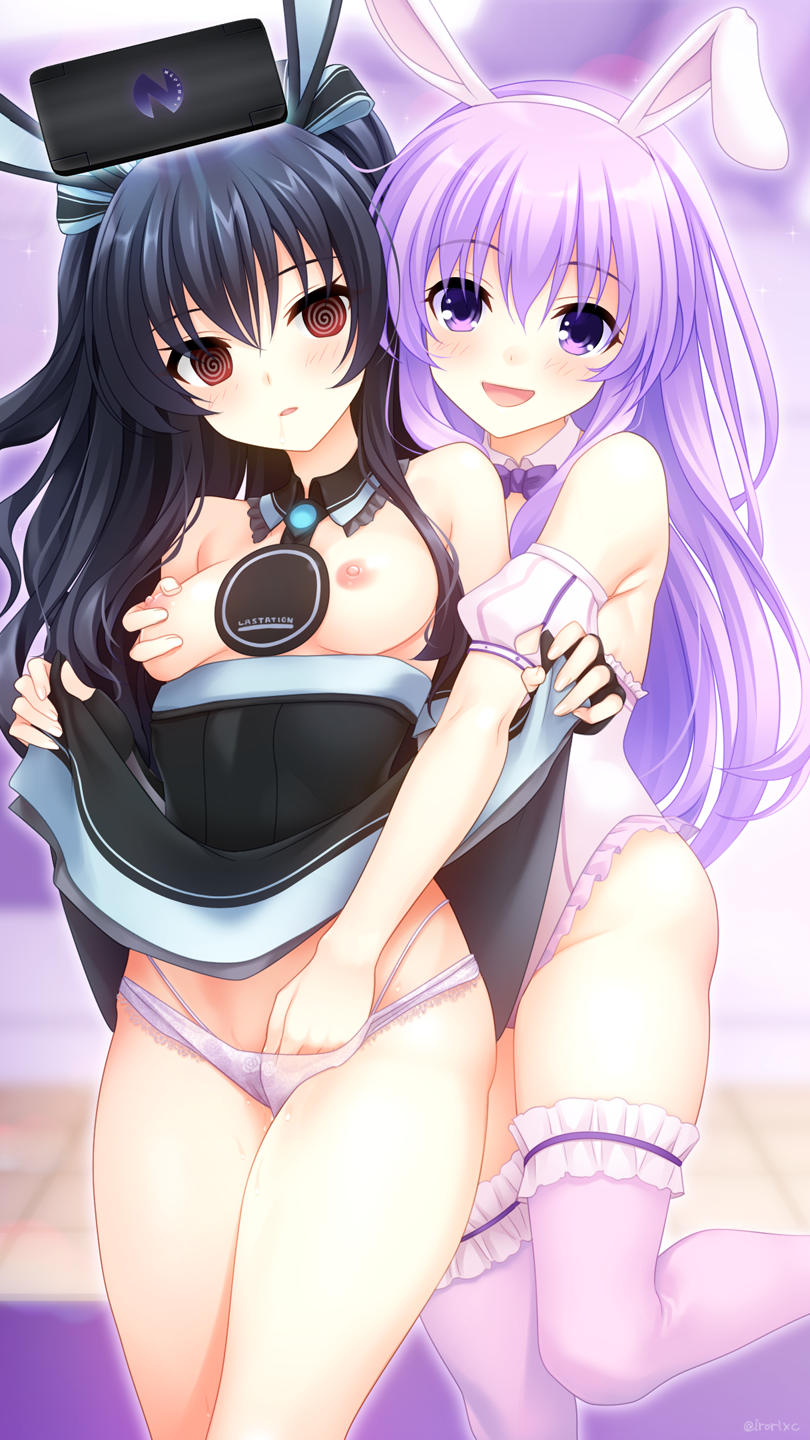 2023 2girls black_hair blush breast_grab breasts bunny_ears compile_heart duo female_only front_view hand_in_panties hypnosis idea_factory irori light-skinned_female long_hair multiple_girls nepgear neptunia_(series) open_mouth panties partially_clothed purple_eyes purple_hair red_eyes skirt_lift thighhighs uni_(neptunia) yuri