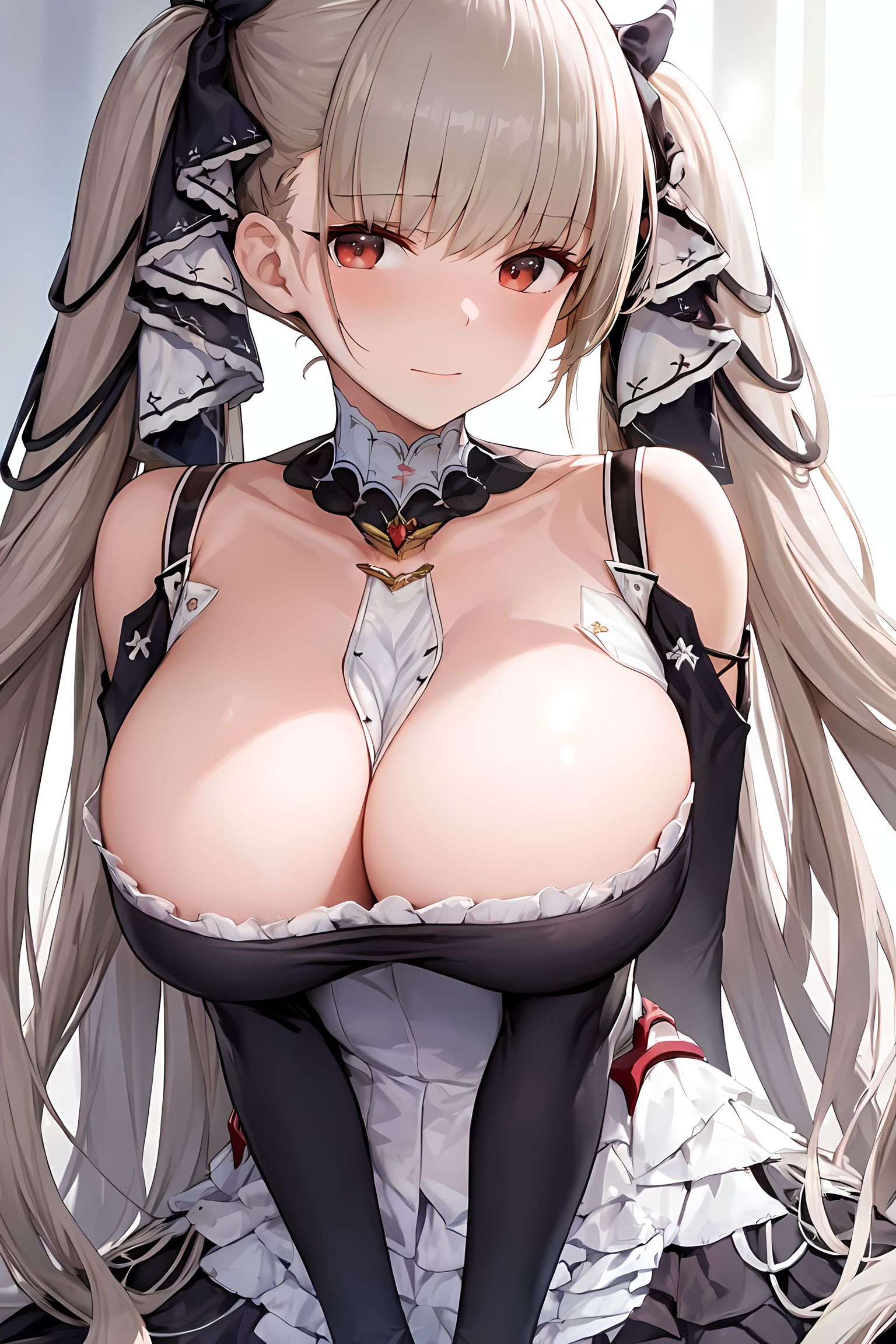 1girls, ai generated, azur lane, blush, breasts, cleavage, female, formidable (azur lane), huge breasts, light skin, light-skinned female, long hair, maid, maid outfit, mimi ai, red eyes, stable diffusion, twintails, white hair