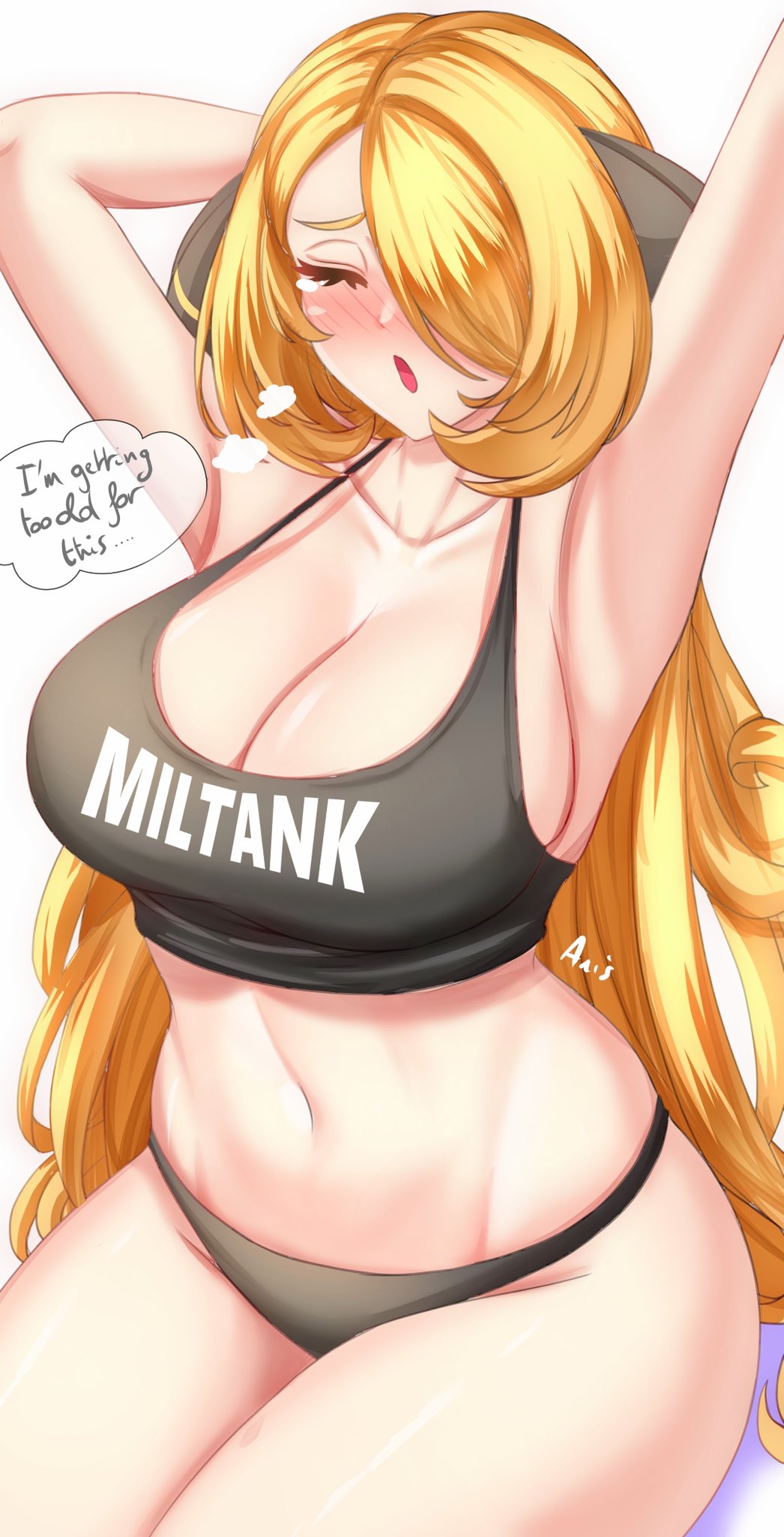 anisdrawn, blonde hair, breasts, cynthia (pokemon), female, female only, large breasts, mature female, nintendo, open mouth, panties, pokemon, pokemon champion, solo, tagme, toned, toned stomach