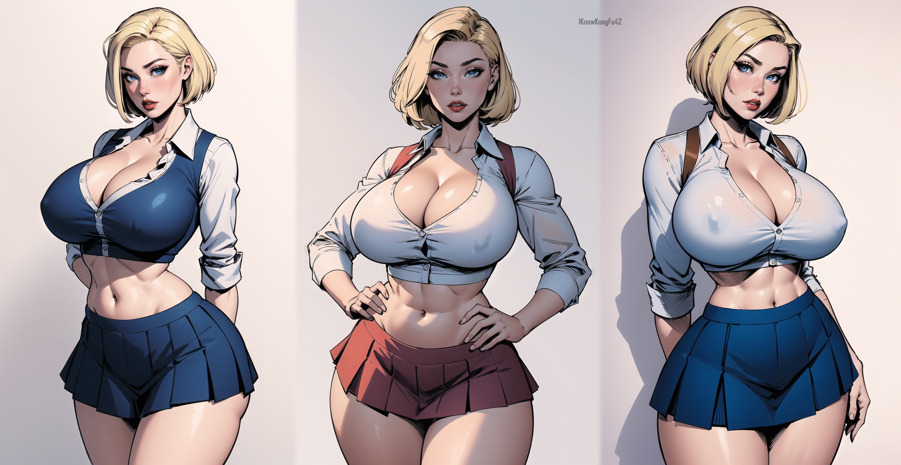 3girls, ai generated, alternate breast size, alternate costume, artist name, big breasts, big lips, blonde hair, blue eyes, breasts, busty, cleavage, clothed, clothing, curvaceous, curvy, curvy figure, eyelashes, female, female human, female only, hi res, high resolution, highres, hips, hourglass figure, huge breasts, human, iknowkungfu42, large breasts, light skin, light-skinned female, lips, looking at viewer, marvel, marvel comics, midriff, miniskirt, multiple females, multiple girls, nipples visible through clothing, parted lips, red lips, school uniform, schoolgirl, short hair, simple background, skirt, stepford cuckoos, thick, thick lips, thick thighs, thighs, trio, uniform, voluptuous, wide hips, x-men