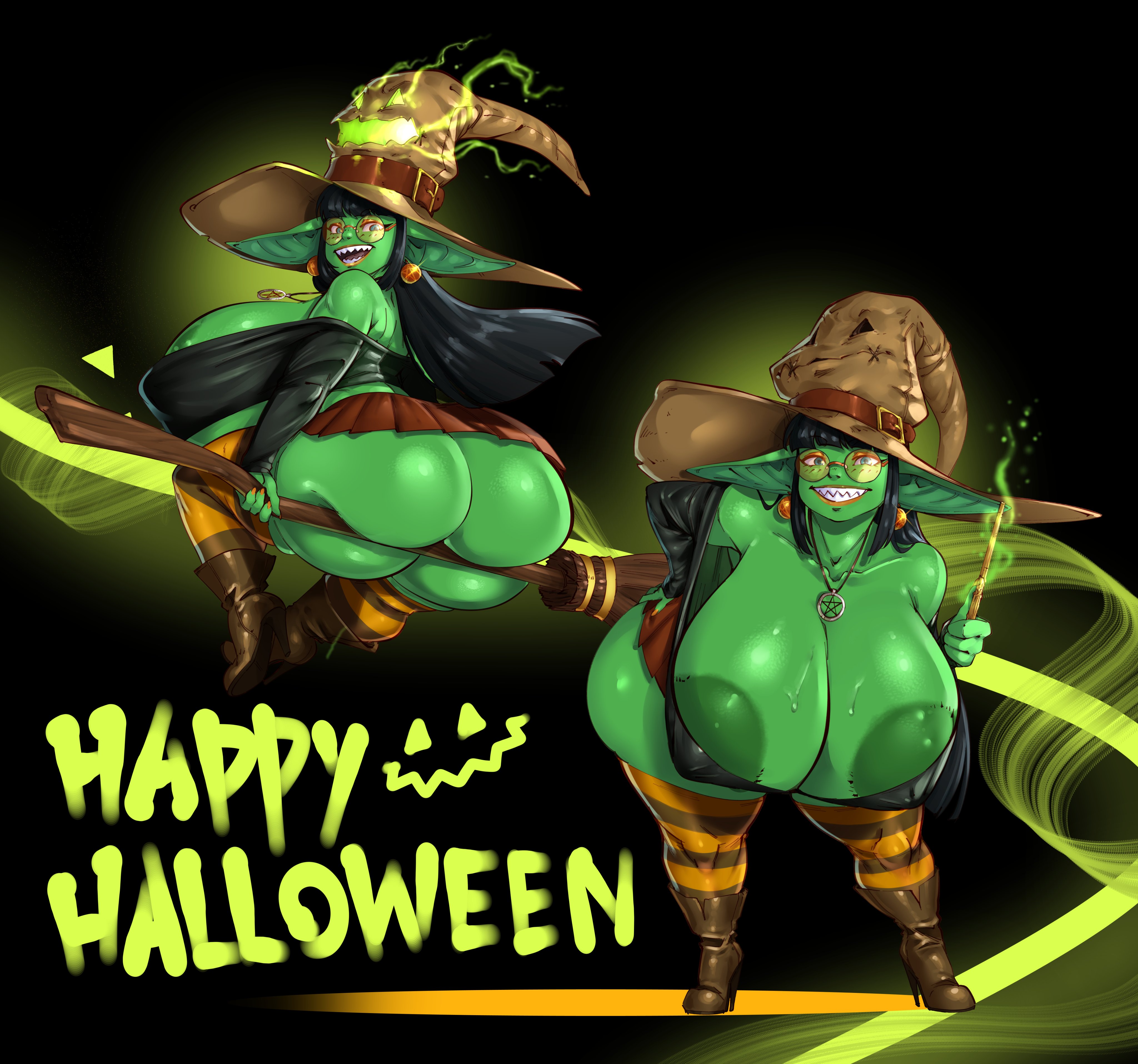 1girls, ass, black hair, blizzard entertainment, breasts, female, female only, goblin, goblin (warcraft), goblin female, green skin, halloween, halloween costume, huge ass, huge breasts, ineffective clothing, ineffective skirt, javi tinkfizz, mostly nude, original character, pixxy fizzleclank, shortstack, solo, sweat, warcraft, witch costume, witch hat, world of warcraft