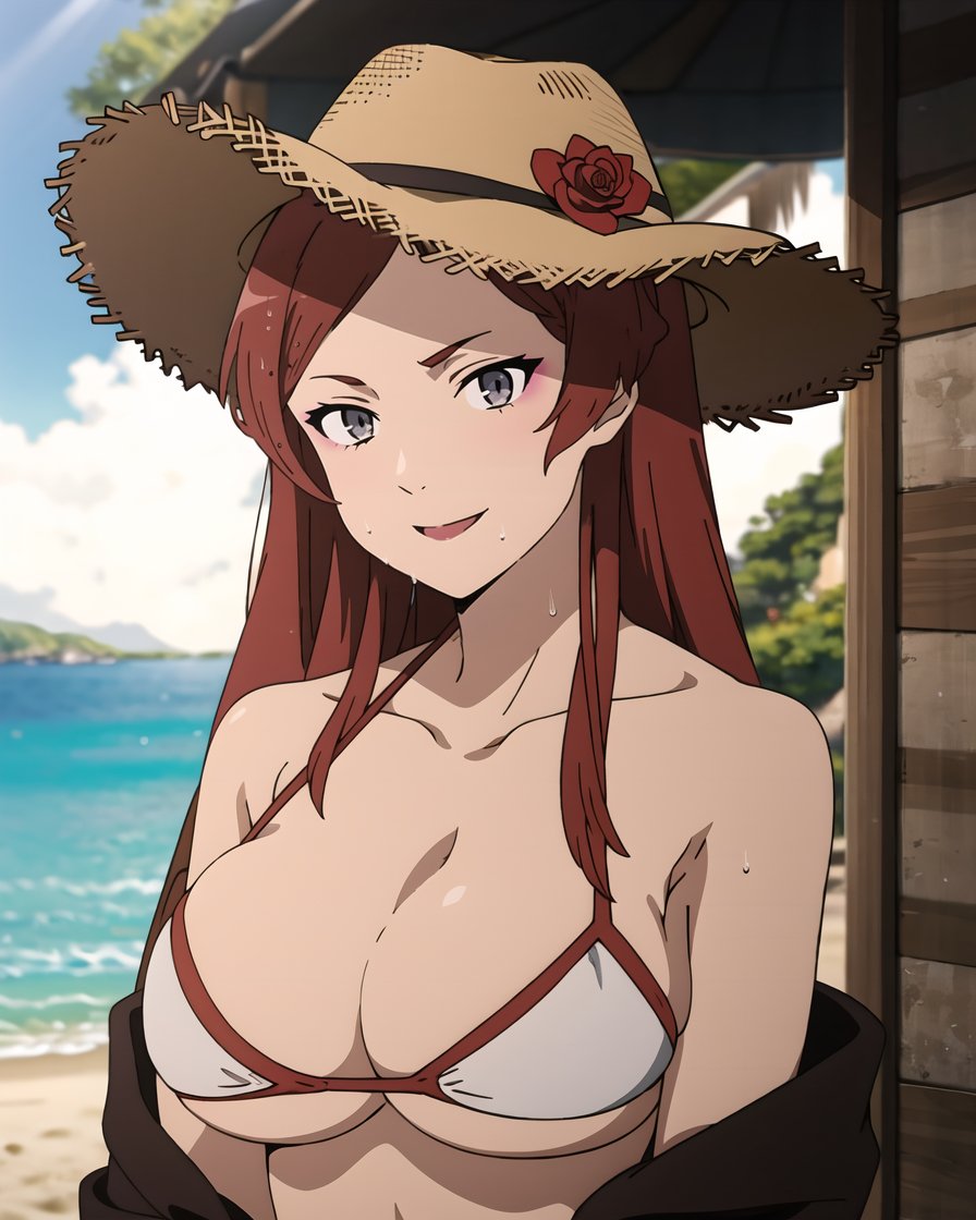 1girls, ai generated, beach, big breasts, bikini, breasts, busty, cleavage, female, female only, grey eyes, hi res, hilda boreas greyrat, large breasts, long hair, looking at viewer, mature, mature female, milf, mushoku tensei, navel, ocean, red hair, smile, solo, stable diffusion, sweat, thighs, voluptuous, water, white bikini
