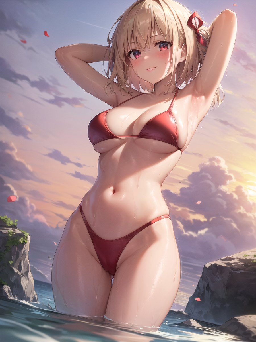 1girls, ai generated, armpits, arms behind head, beach, big breasts, blonde hair, breasts, busty, female, female only, large breasts, legs, looking at viewer, lycoris recoil, navel, nishikigi chisato, ocean, pose, posing, red bikini, red eyes, sensual, sexy armpits, short hair, smile, solo, stable diffusion, sweat, thighs, thong bikini, water