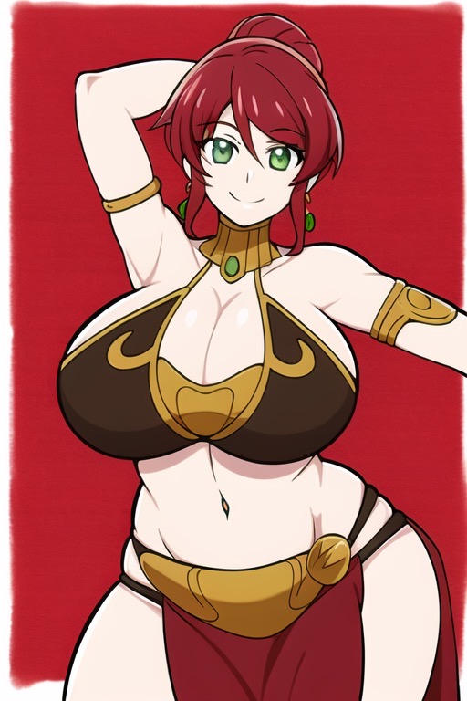 1girls ai_generated armlet arms_behind_head bare_midriff bare_navel bare_shoulders bare_thighs belly_dancer big_breasts choker cleavage cosplay curvaceous curvy_female curvy_figure earrings eyes feet_out_of_frame female female_only green_eyes hands_behind_head harem_outfit huge_breasts large_breasts legs light-skinned_female light_skin looking_at_viewer midriff nai_diffusion navel pelvic_curtain pyrrha_nikos red_hair rooster_teeth rwby slave_bikini slave_leia_(cosplay) slave_outfit smiling_at_viewer solo solo_female stable_diffusion star_wars thick thick_thighs thighs thunder_thighs transformationwitch voluptuous voluptuous_female wide_hips yellow_choker