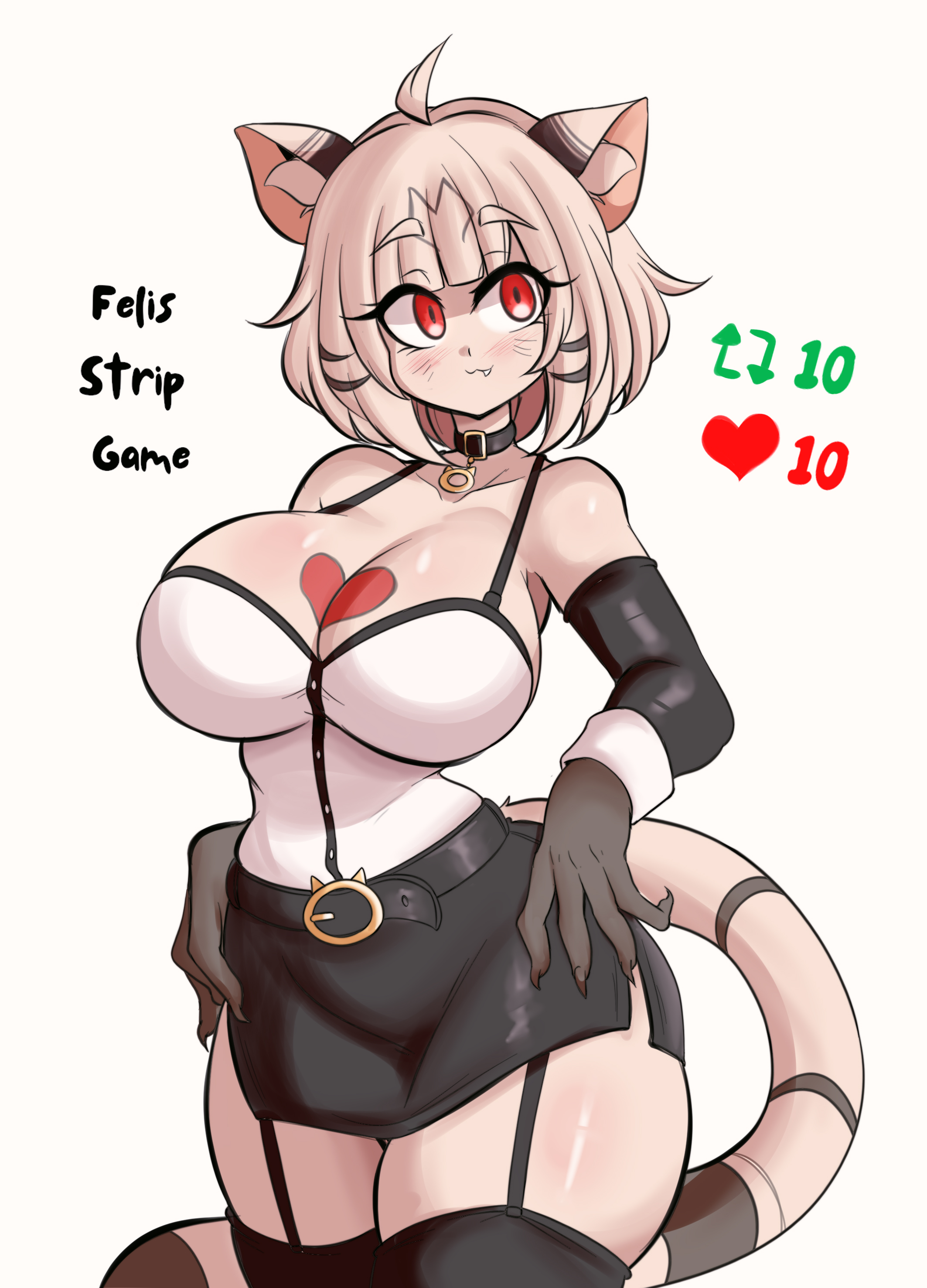 anthro, armwear, big breasts, breasts, cat ears, cleavage, collar, felis (lucyfercomic), female, female focus, female only, garter straps, lucyfercomic, original, original character, red eyes, skirt, tagme, tail, thick thighs, wide hips