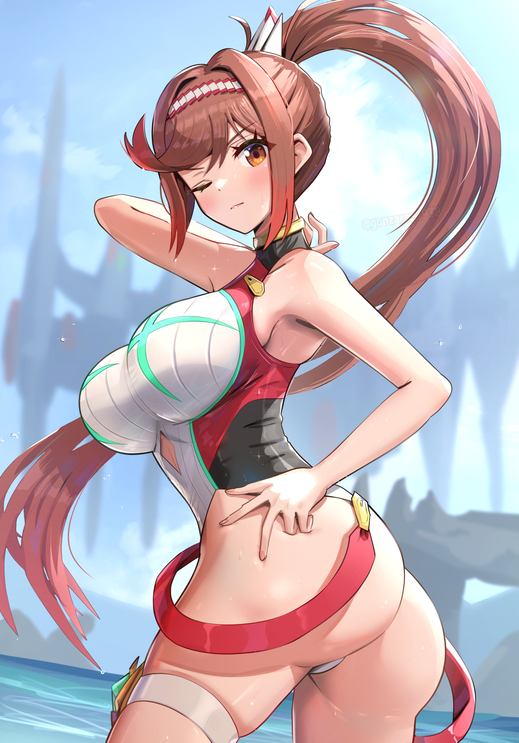 1girls, absurd res, alternate costume, armpits, ass, asymmetrical bangs, bangs, bare shoulders, breasts, bubble ass, bubble butt, busty, competition swimsuit, curvy, female, female only, glimmer (xenoblade), gonzarez, highres, hourglass figure, huge ass, huge breasts, large ass, large breasts, light skin, light-skinned female, long hair, looking at viewer, nintendo, one-piece swimsuit, orange eyes, ponytail, red hair, side view, swimsuit, thick thighs, thighs, very long hair, voluptuous, water, wet, wide hips, wink, xenoblade (series), xenoblade chronicles 3, xenoblade chronicles 3: future redeemed