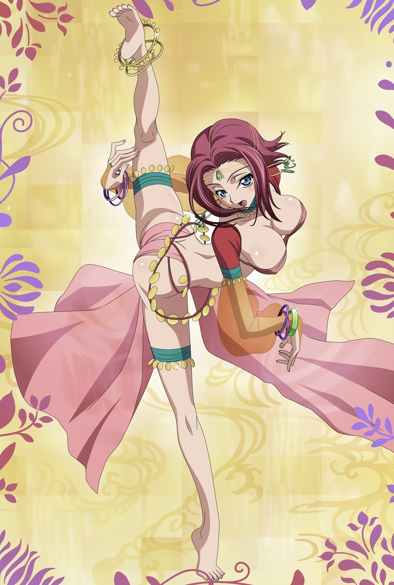 1girls, ass, belly dancer, belly dancer outfit, blue eyes, breasts, cleavage, code geass, dancer, dancer outfit, dancing, female, female only, hair between eyes, harem outfit, iwao178, jewelry, kallen stadtfeld, large breasts, medium hair, no artist signature, no source, open mouth, red hair, solo, solo focus, standing, standing on one leg, standing split