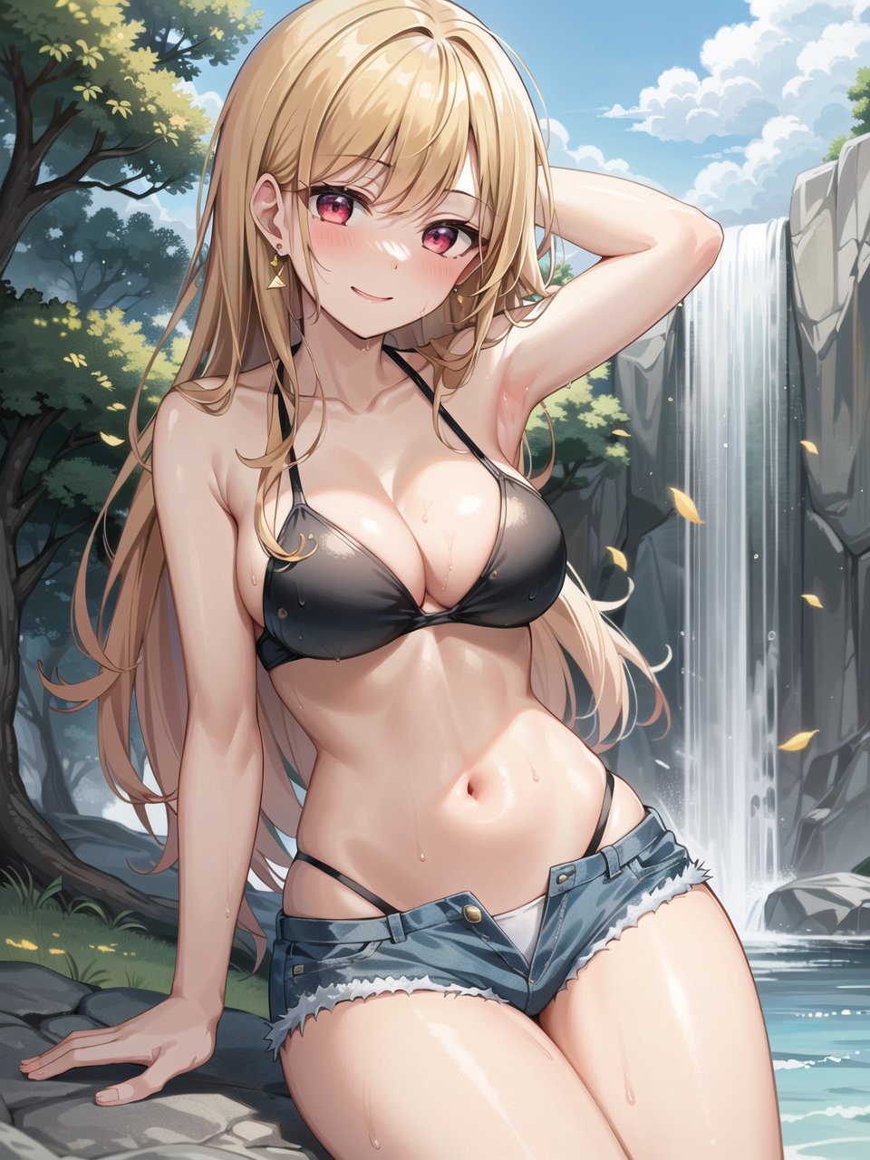 1girls, ai generated, arm behind head, arm support, big breasts, bikini, blonde hair, breasts, busty, cleavage, denim shorts, female, female only, kitagawa marin, large breasts, legs, navel, pink eyes, shorts, smile, solo, sono bisque doll wa koi wo suru, stable diffusion, thighs, voluptuous