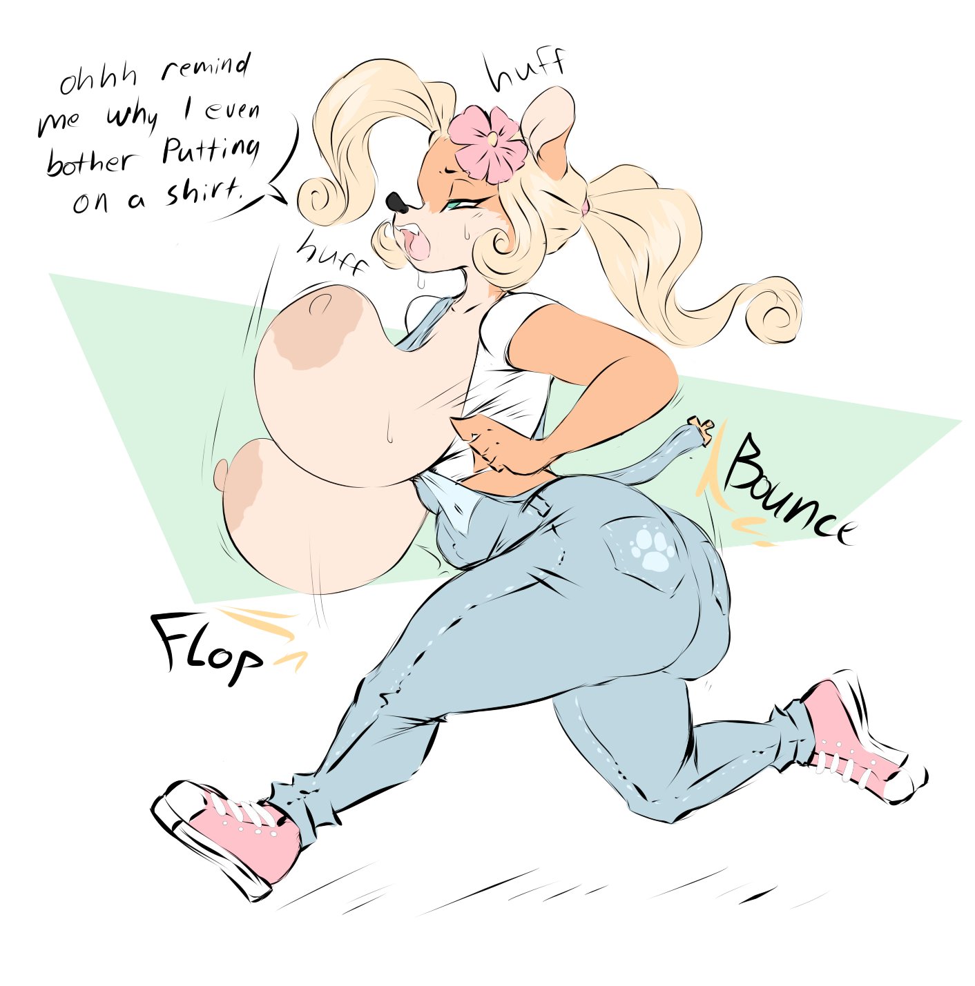 areolae, ass, big ass, big breasts, bimbo, bouncing breasts, breasts, breasts out, bubble ass, bubble butt, coco bandicoot, crash (series), dullvivid, female, floppy breasts, flower in hair, gigantic breasts, heavy breathing, huffing, huge ass, inconvenient breasts, nipples, onomatopoeia, overalls, running, sagging breasts, speaking, sweating, text