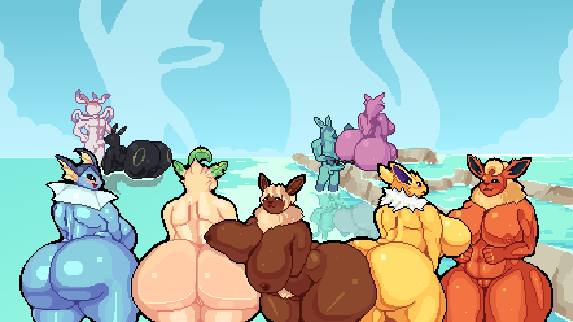 all_nine_eeveelutions anthro blush breasts brown_body brown_fur canid canine eevee eeveelution espeon female feral flareon fur generation_1_pokemon generation_2_pokemon generation_4_pokemon generation_6_pokemon genitals glaceon group hi_res jolteon leafeon male male/male mammal mertvykhcrows nintendo pokemon pokemon_(species) pussy sylveon tail umbreon vaporeon