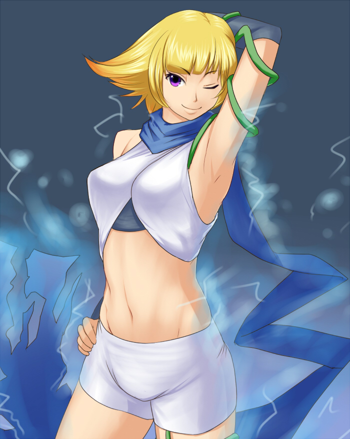 alluring blonde_hair electric_scarf female kid_icarus kid_icarus_uprising mafen midriff nintendo phosphora posing purple_eyes shorts top wink