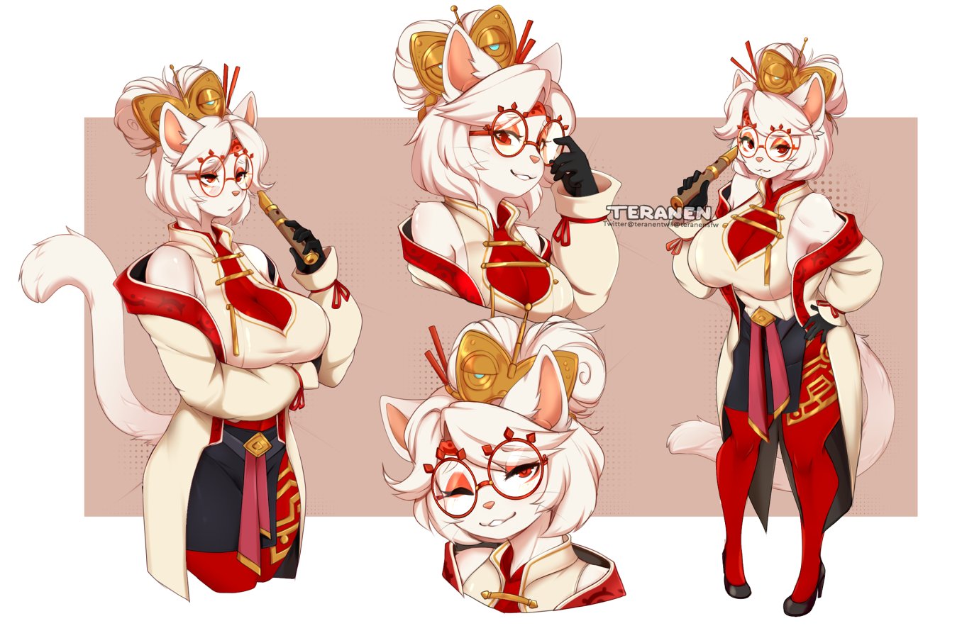 1girls, anthro, anthrofied, big breasts, breasts, cat ears, cat girl, cat tail, catgirl, feline, female, female only, fur, furry, furry only, furry tail, glasses, hair ornament, high heels, looking at viewer, nintendo, purah, purah (tears of the kingdom), red eyes, round glasses, smiling, smiling at viewer, solo, tagme, tears of the kingdom, teranen, the legend of zelda, the legend of zelda: tears of the kingdom, thick thighs, tied hair, whiskers, white fur, white hair, wide hips, wink, winking at viewer