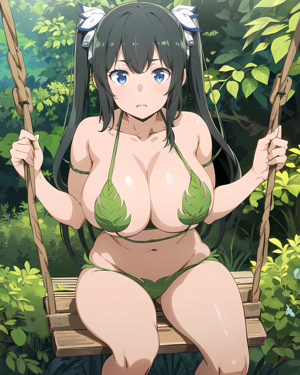 1girls, ai generated, big breasts, bikini, black hair, blue eyes, breasts, busty, cleavage, dungeon ni deai wo motomeru no wa machigatteiru darou ka, female, female only, hestia (danmachi), large breasts, legs, long hair, looking at viewer, navel, sitting, solo, stable diffusion, thick thighs, thighs, twintails, voluptuous