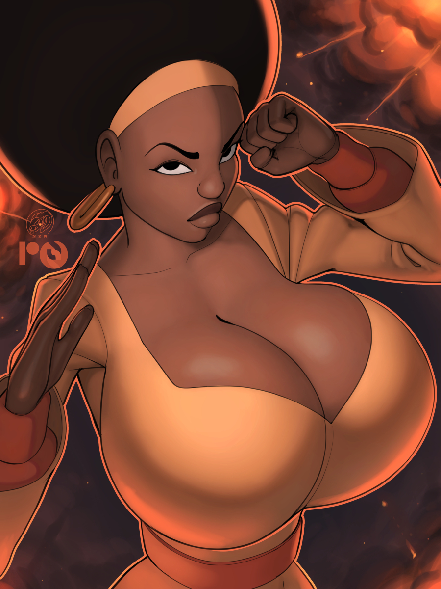 1girls 2023 african african_female afro big_breasts big_lips black_dynamite black_eyes black_hair breasts busty cleavage clothed clothed_female clothes clothing dark-skinned_female dark_skin earrings explosion female front_view fully_clothed hair headband headwear high-angle_view honey_bee_(black_dynamite) hoop_earrings huge_breasts human large_breasts long_sleeves looking_at_viewer neozoa nz_naughty pose posing self_upload signature solo thick_lips