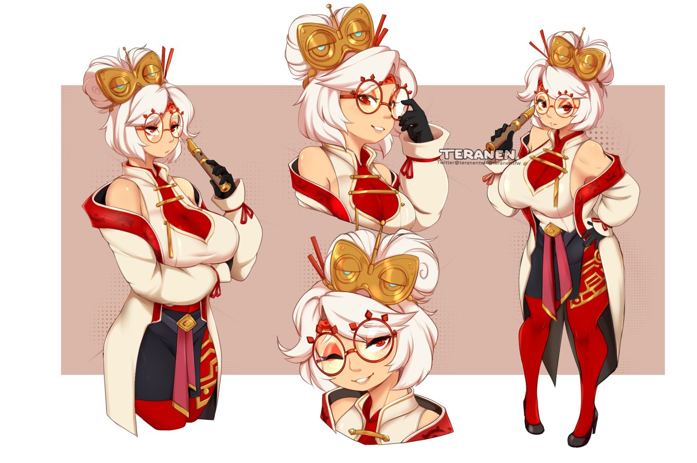 1girls, big breasts, breasts, female, female only, glasses, hair ornament, looking at viewer, nintendo, purah, purah (tears of the kingdom), red eyes, round glasses, smiling, smiling at viewer, solo, tears of the kingdom, teranen, the legend of zelda, the legend of zelda: tears of the kingdom, thick thighs, tied hair, white hair, wide hips, wink, winking at viewer