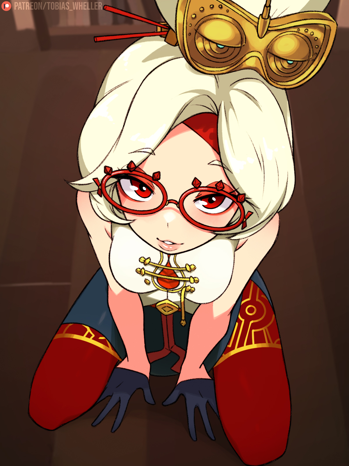 1girls, breasts, eye contact, female, glasses, gloves, hair ornament, kneeling, looking at viewer, looking up, medium breasts, nintendo, pov, purah, purah (tears of the kingdom), side slit, tears of the kingdom, the legend of zelda, tobias wheller