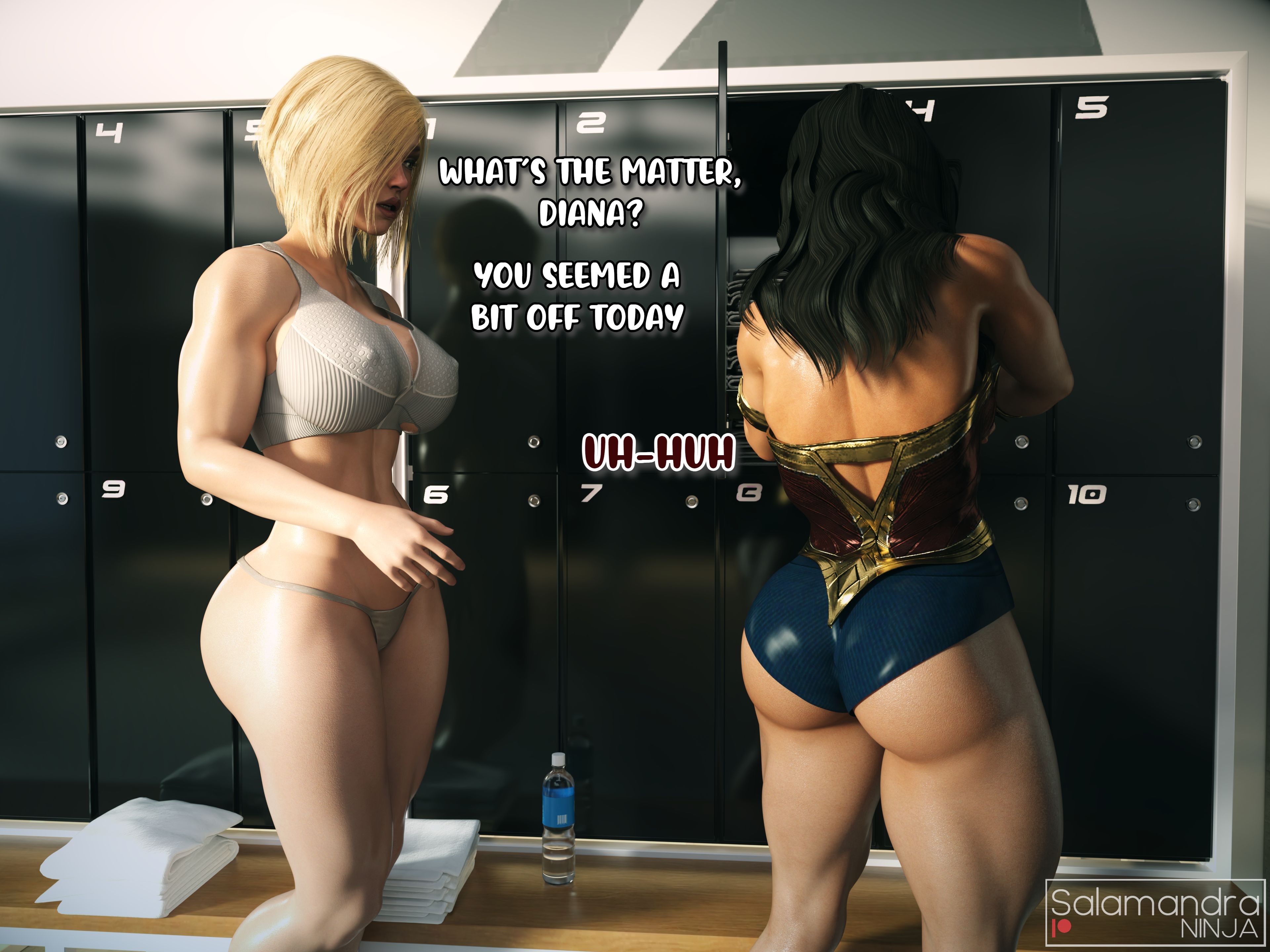 1futa, 1girls, 3d, athletic, athletic female, breasts, dc, dc comics, dc extended universe, dceu, dialogue, diana prince, female, futanari, gal gadot, hi res, high resolution, injustice 2, intersex, kara zor-l, karen starr, large breasts, locker room, muscular, muscular futa, muscular thighs, power girl, power girl (injustice), salamandraninja, superman (series), text, underwear, wonder woman, wonder woman (dceu), wonder woman (series)
