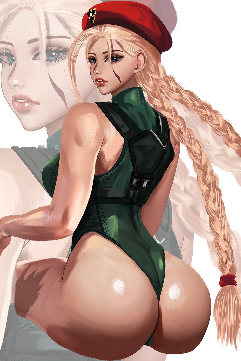 1girls ass ass_focus beret blonde_hair blue_eyes braid braids cammy_white capcom dat_ass female female_only hat kittymiya leotard solo street_fighter thong_leotard