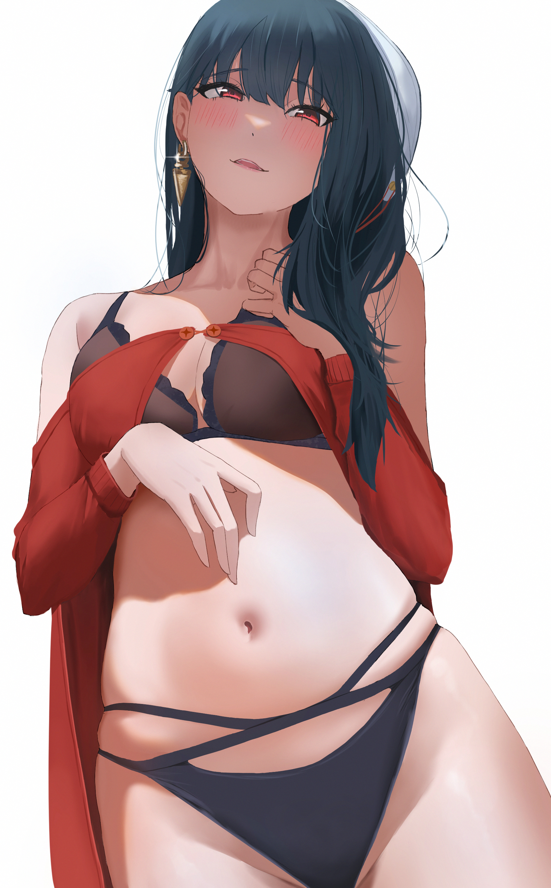 1girls, 2023, black hair, blush, clisapex, female, hi res, long hair, looking at viewer, red eyes, simple background, solo, spy x family, underwear, yor briar, yor forger