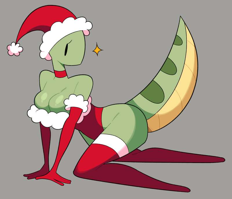 ambiguous_gender breasts bug cleavage curvy curvy_figure eyelashes green_body green_skin hips idolomantises insects mothmilfs papaya_(idolomantisies) patreon red_gloves red_legwear red_outfit santa_costume santa_dress solo tail