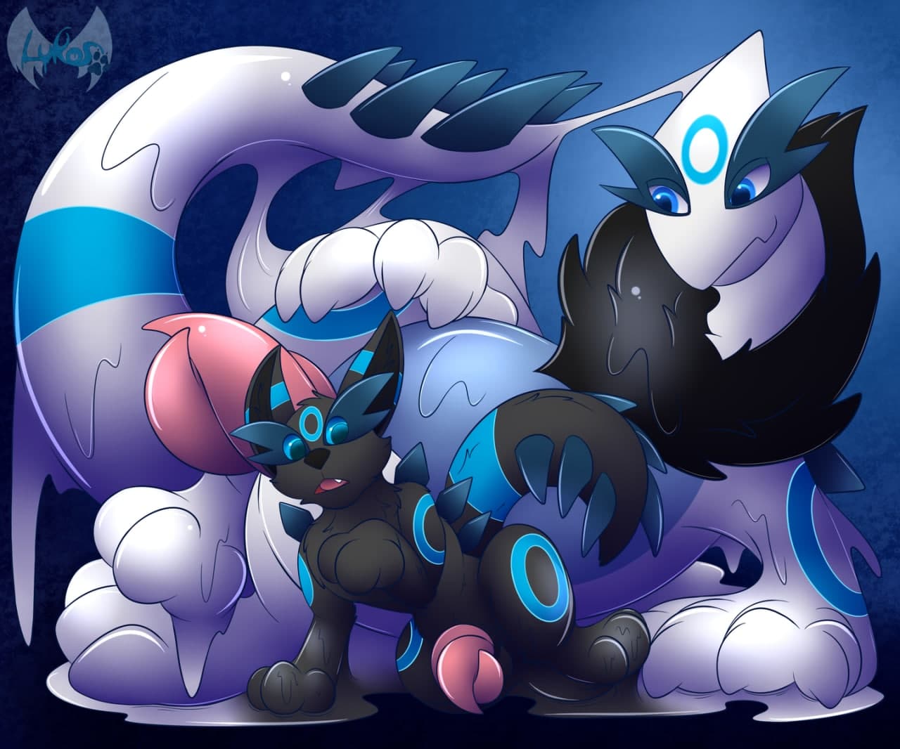 balls eeveelution fusion generation_2_pokemon generation_6_pokemon genitals goo_(disambiguation) hybrid legendary_pokemon lugia lukos-wolf male neck_tuft nintendo penis pokemon pokemon_(species) trait_theft tuft umbreon wings yveltal