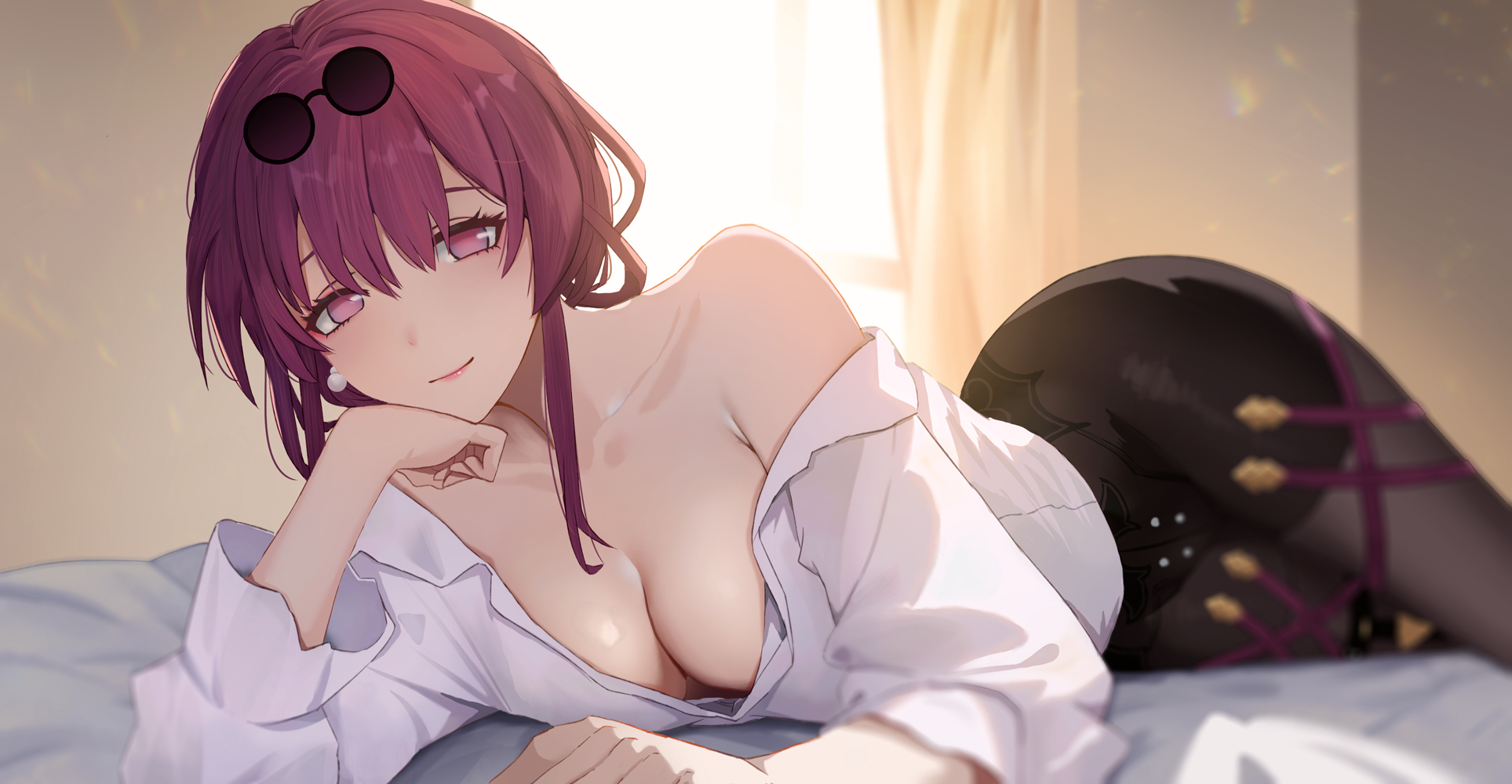 1girls, 2023, bare shoulders, bedroom, clisapex, female, hi res, honkai (series), honkai: star rail, kafka (honkai: star rail), light skin, long hair, looking at viewer, lying, no bra, purple hair, smile, solo, sunglasses on head