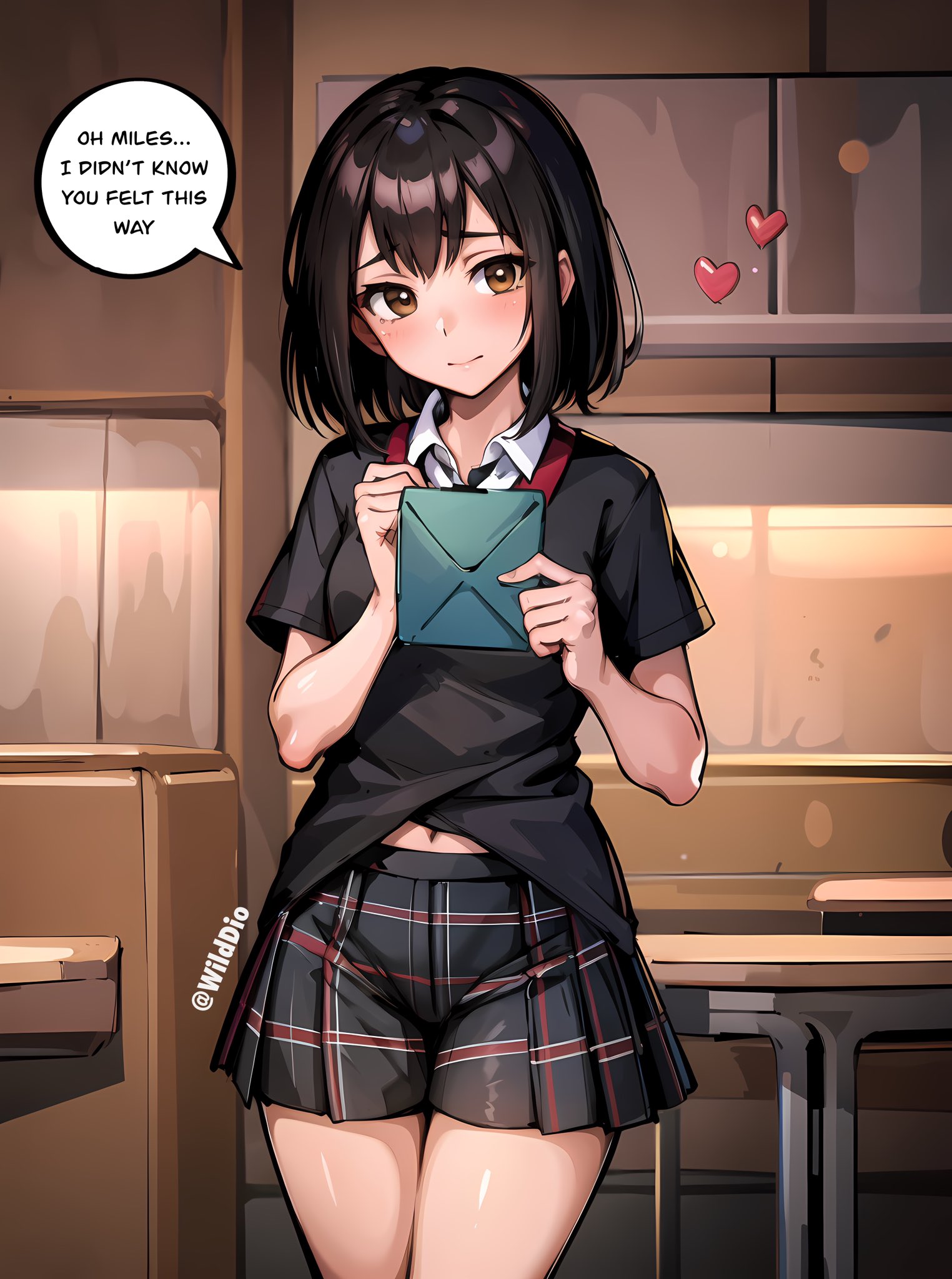 1girls, ai generated, asian, belly button, black hair, blush, brown eyes, english text, female, female only, fringe, full body, fully clothed, heart, hearts, innocent, japanese, letter, light skin, light-skinned female, looking at viewer, love letter, marvel, marvel comics, medium hair, pale skin, pale-skinned female, peni parker, petite, romantic, school uniform, schoolgirl, short hair, shy, skinny, skirt, slim, solo, spider-man (series), spider-man: across the spider-verse, spider-man: into the spider-verse, standing, teenager, text, text bubble, wholesome, wilddio, young