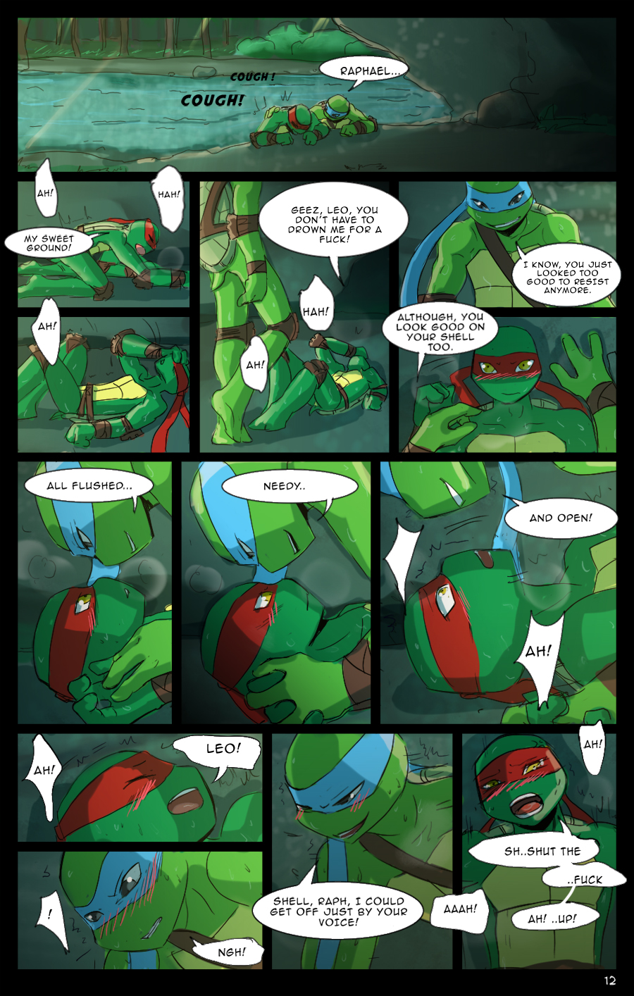 bandana blush brother brothers comic dialogue forest hi_res incest kerchief lake leonardo_(tmnt) looking_pleasured male male/male momorawrr neattea outside plant raphael_(tmnt) reptile scalie sex sibling teenage_mutant_ninja_turtles tree turtle wet yaoi