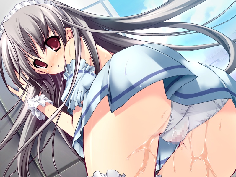 blush censored clothing long_hair panties panty_pee peeing urine watersports