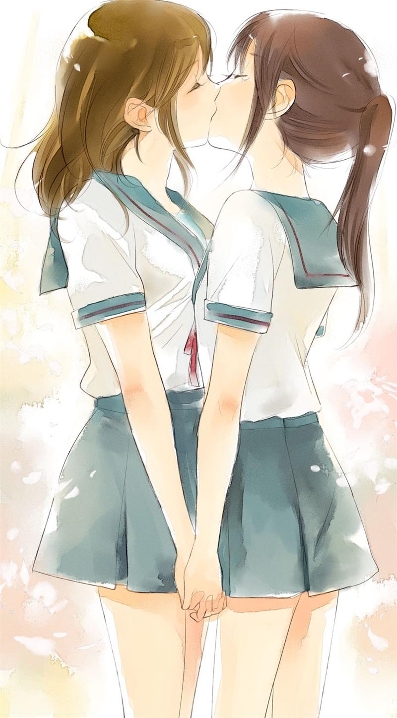 2008 2girls amanattou backlighting couple female female_only genderswap_(mtf) highres holding_hands kiss kissing koizumi_itsuki koizumi_itsuki_(female) kyonko multiple_girls ponytail rule_63 school_uniform serafuku suzumiya_haruhi_no_yuuutsu tears watercolor_(medium) yuri