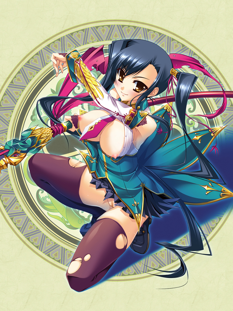 kan'u_unchou_(koihime) katagiri_hinata koihime†_(series) koihime_musou nipples nopan oppai thighhighs torn_clothes vagina