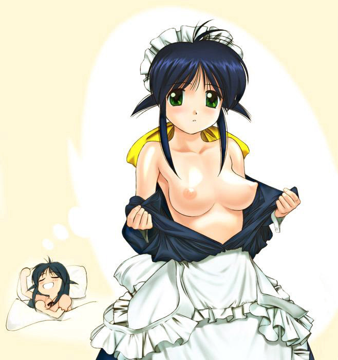 ando_mahoro mahoromatic maid open_clothes open_shirt shirt tagme white_background yellow_background