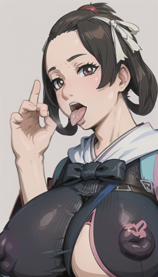 1girls ai_generated black_clothing bowtie brown_eyes close-up erect_nipples fellatio_gesture female_only gyakuten_saiban hair_ornament hair_rings huge_breasts nipples_visible_through_clothing open_mouth oral_invitation rtxon saliva short_hair short_ponytail susato_mikotoba the_great_ace_attorney tongue_out white_background