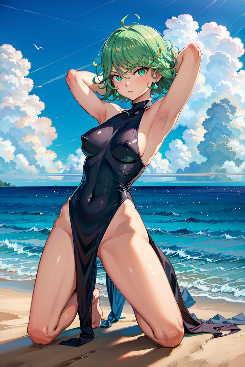 1girls, ahoge, ai generated, alternate breast size, armpits, arms behind head, arms up, bangs, bare shoulders, barefoot, beach, bird, blush, breasts, clothing, cloud, curly hair, curvy, dress, earrings, eyelashes, female, female focus, female only, green hair, highres, hips, human, jewelry, lips, looking at viewer, medium breasts, medium hair, navel, navel visible through clothes, niaorizi, nipple bulge, nipples, nipples visible through clothing, ocean, on knees, one-punch man, outside, petite, pinup, pose, sand, shiny skin, sideboob, skin tight, sleeveless, solo, solo female, stable diffusion, tatsumaki, teal eyes, thick thighs, thighs, turtleneck, water, wide hips