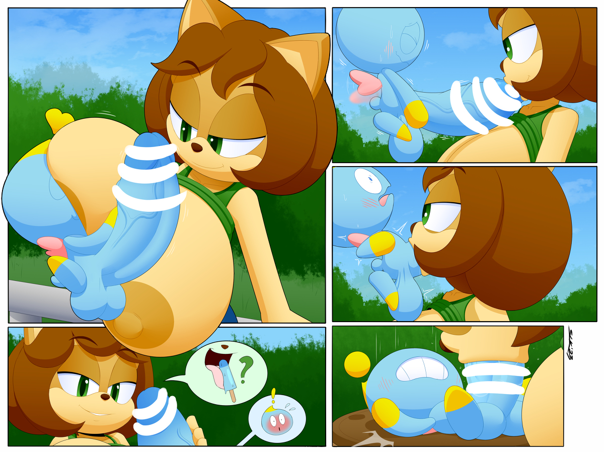 !, ?, absurd res, anthro, balls, big breasts, big penis, bigger female, breast play, breast squish, breast sucking, breasts, censor bar, censored, censored penis, chao (sonic), clothed, clothing, comic, deepthroat, duo, erect nipples, erect penis, erection, face on breast, fan character, fellatio, female, genitals, hi res, huge breasts, huge cock, hyper, hyper genitalia, hyper penis, larger female, lying, male, male/female, mammal, nipples, oc, on back, oral, original character, penile, penis, popsicle, question mark, raised clothing, raised shirt, raised topwear, sega, sex, shirt, size difference, slickehedge, smaller male, sonic (series), sonic the hedgehog (series), speech bubble, squish, sucking, testicles, topwear, vein, veiny penis
