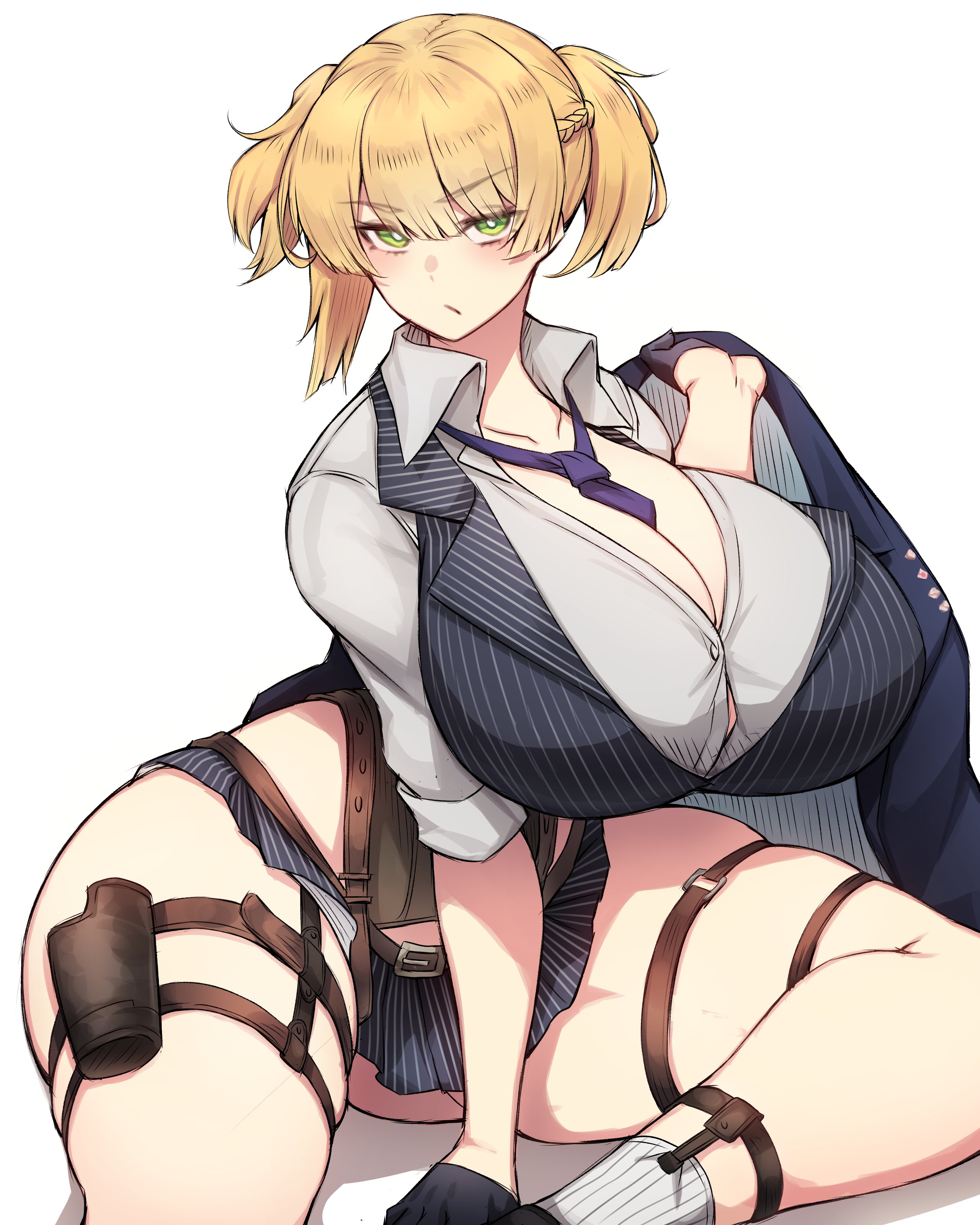 big breasts, blonde hair, breasts, clothed, clothed female, female, girls' frontline, green eyes, looking at viewer, rikuguma, tagme, thick thighs, thigh strap, thighs, tie, welrod mkii (girls' frontline)