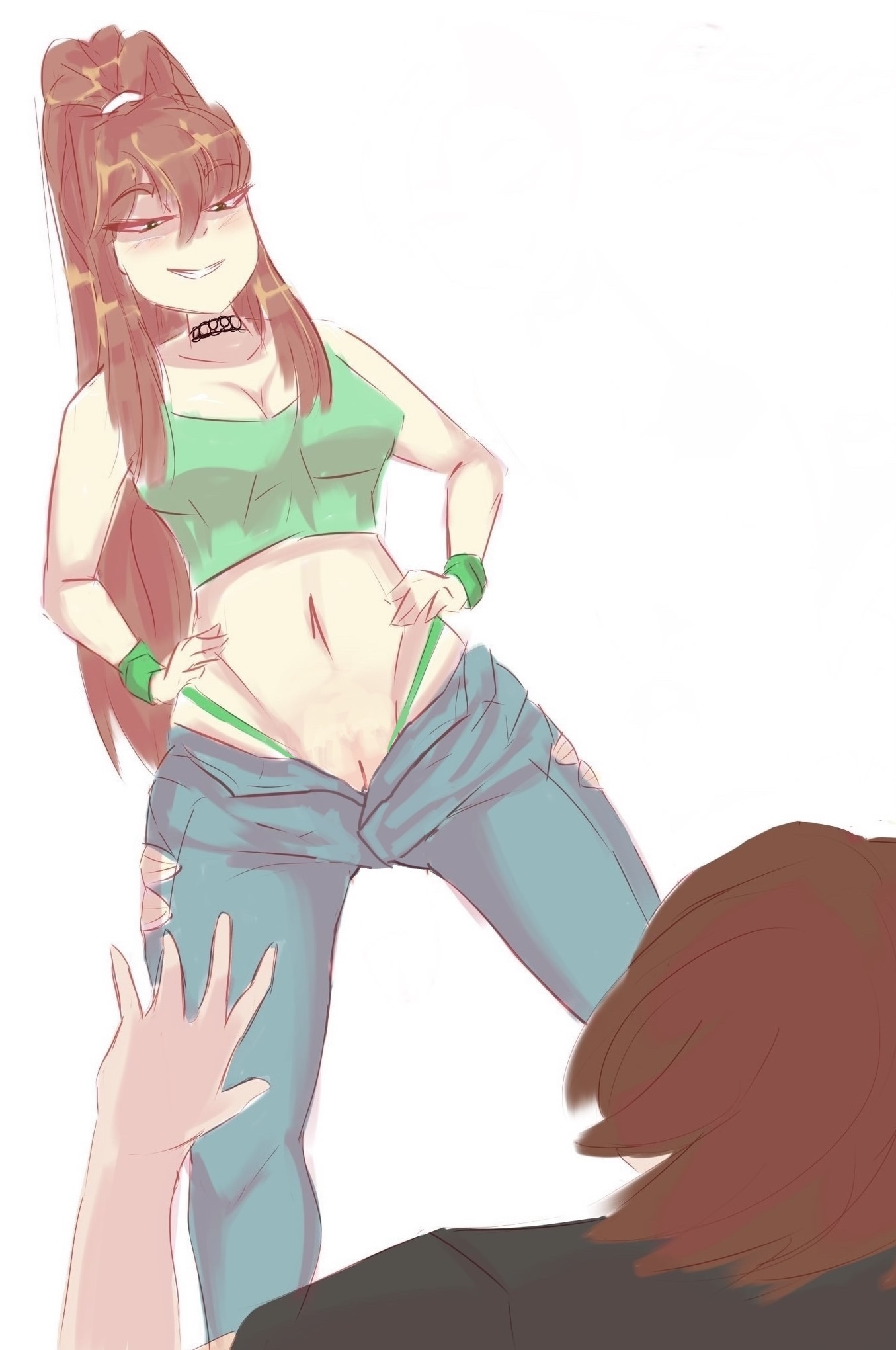 1boy, 1girls, anon, bare midriff, bare shoulders, big breasts, bracelet, breasts, brown hair, busty, child bearing hips, choker, clothed, clothed female, clothing, doki doki literature club, edit, edited, female, femdom, green panties, hands on hips, imminent rape, imminent sex, jeans, large breasts, legs, lewddoodler, light skin, long hair, male, monika (doki doki literature club), mostly clothed, naughty face, navel, posing, punk, punk girl, standing, thick thighs, thighs, thong, torn clothes, torn clothing, whale tail, white background, wide hips, you