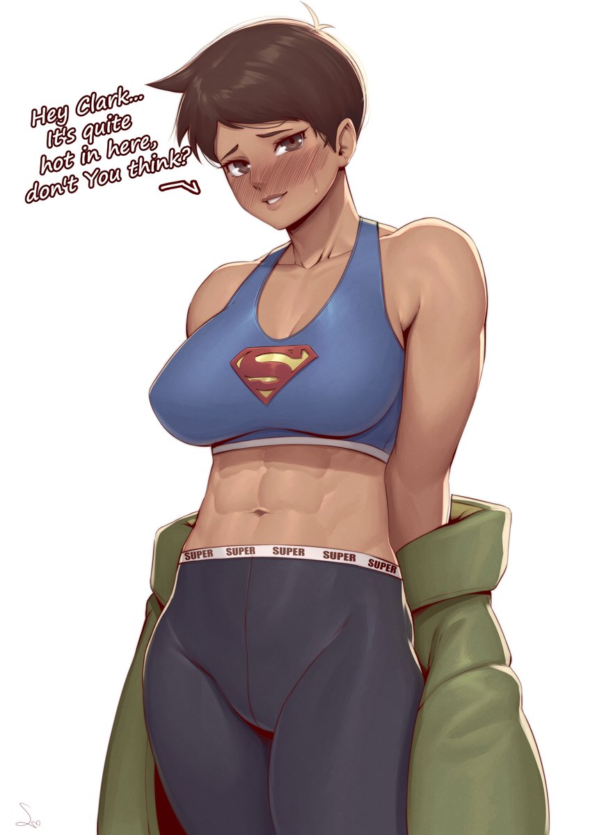 1girls, arms behind back, big breasts, blush, breasts, brown hair, clark kent, dc, dc comics, female, kal-el, lois lane, lois lane (my adventures with superman), my adventures with superman, short hair, six pack, speech bubble, speedl00ver, sports bra, superman, superman (clark kent), superman (series), sweat, tan skin, tan-skinned female, underwear, undressing