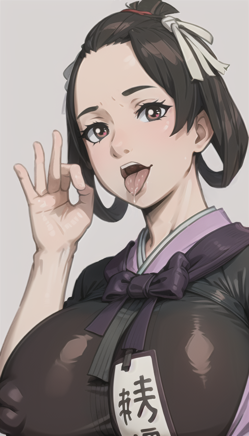 1girls ai_generated black_clothing bowtie brown_eyes close-up erect_nipples fellatio_gesture female_only gyakuten_saiban hair_ornament hair_rings huge_breasts nipples_visible_through_clothing open_mouth oral_invitation rtxon saliva short_hair short_ponytail susato_mikotoba the_great_ace_attorney tongue_out white_background