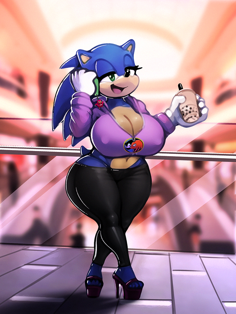 2023 anthro big_breasts bimbo black_clothing black_high_heels black_leggings black_legwear blue_body blue_fur blue_hair breasts cleavage clothed clothing container crop_hoodie crop_top cup dracojeff eulipotyphlan female female_only footwear fur green_eyes hair half-closed_eyes hedgehog high_heels holding_container holding_cup holding_object holding_phone huge_breasts leggings legwear mall mammal meme midriff mtf_crossgender narrowed_eyes navel nipple_outline on_phone open_mouth phone platform_footwear platform_heels purple_crop_top rule_63 sega shirt solo solo_female sonic_(series) sonic_the_hedgehog sonic_the_hedgehog_(series) sonique_the_hedgehog thick_thighs thong_above_pants thong_straps topwear ugandan_knuckles walking wide_hips