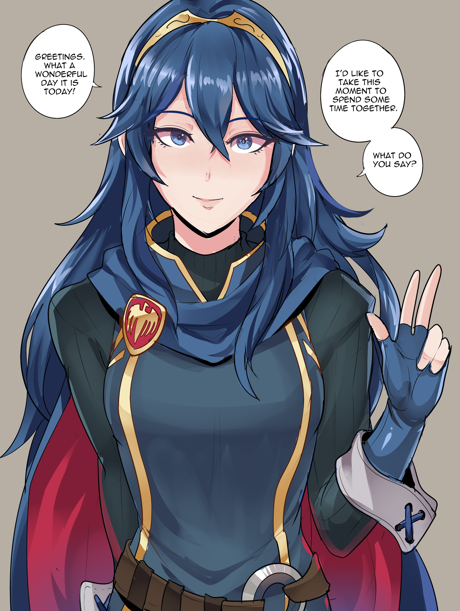 1girls, blue eyes, blue hair, breasts, clothed female, english text, female, female only, fire emblem, fire emblem awakening, fire emblem engage, highres, light skin, light-skinned female, long hair, lucina (fire emblem), nintendo, revolverwingstudios, simple background, small breasts, solo, text