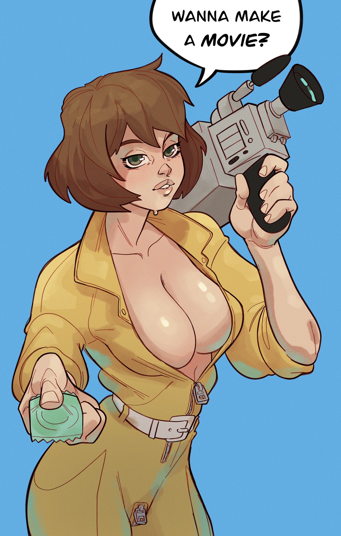 1girls, april o'neil, april o'neil (tmnt 1987), asking, big breasts, braless, breasts, camera, cleavage, condom, condom wrapper, english text, female, no bra, onesie, open clothes, short hair, speech bubble, teenage mutant ninja turtles, text, tmnt 1987, wheatlie