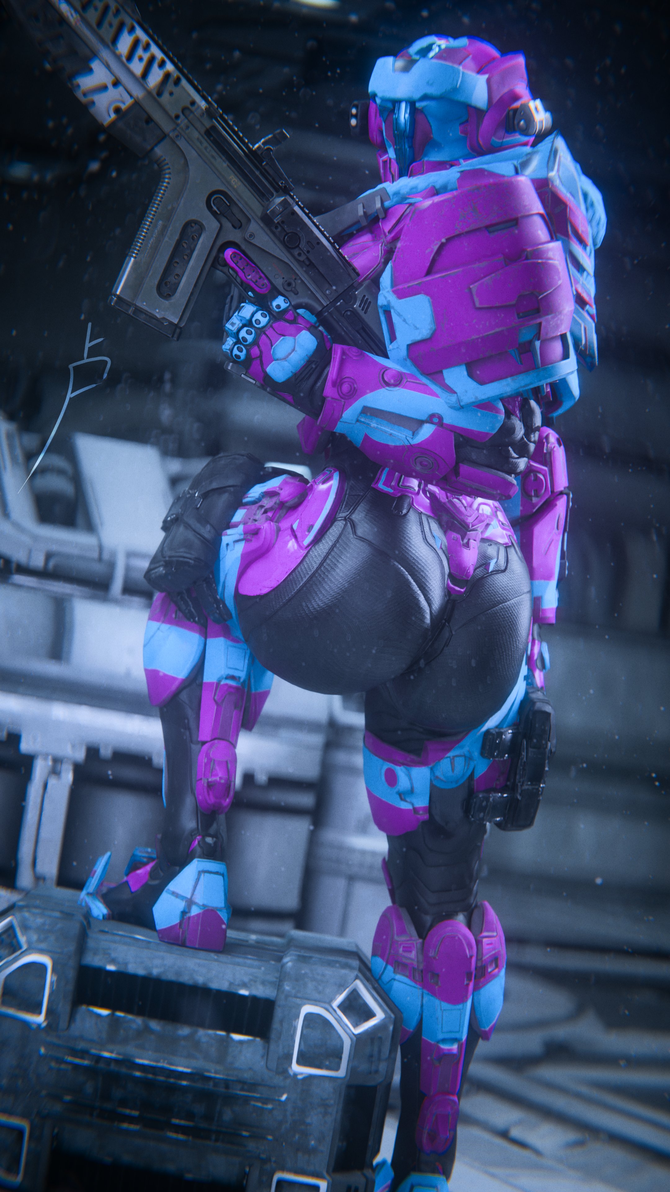 1girls, 3d, 3d (artwork), armor, ass, female, halo (series), helmet, holding weapon, large ass, looking at viewer, looking back, natalie (littlebrexxy), power armor, spartan (halo), thighs, xboxer214