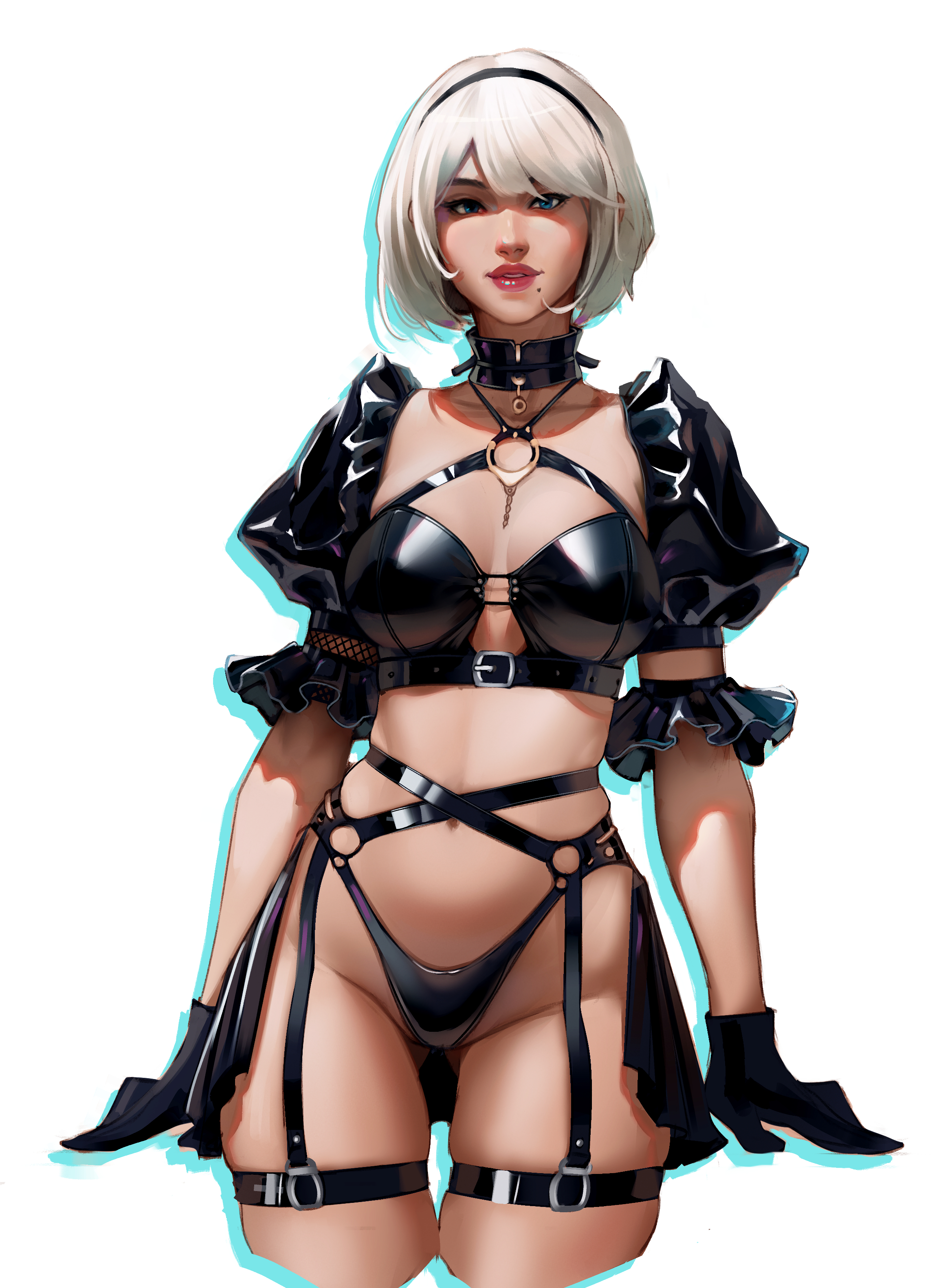 1girls, choker, cleavage, clothed, dulapda, female, garter straps, gloves, latex, lingerie, lips, looking at viewer, nier: automata, puffy sleeves, short hair, solo, white background, white hair, yorha 2b